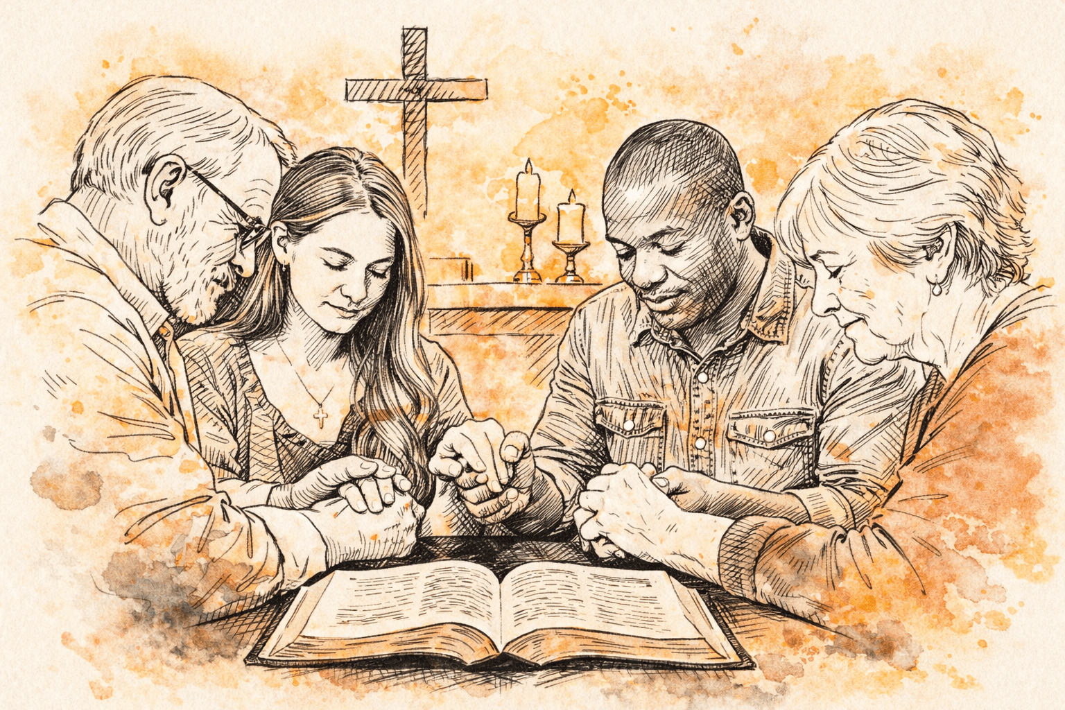 Line-drawing style illustration of four people praying together around an open Bible, with a cross and candles in the background, rendered in warm watercolor tones to convey unity, faith, and shared commitment within the church.